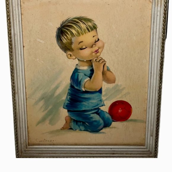 Vintage Kitch Constanza Framed Kneeling Praying Boy Mid Century 1950-1960's. PGC - Picture 1 of 2